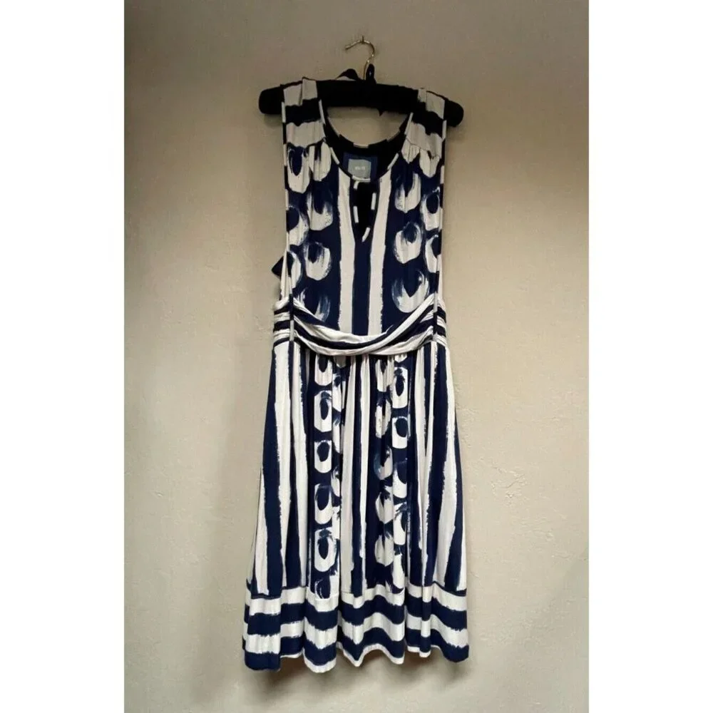 Maeve Womens Keyhole Neck Stripe A-Line Belted Dress Size Large Blue Sleeveless - Picture 2 of 10